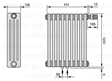 Схема (чертеж) Радиатор Zehnder Charleston 4120/9 №V008 Белый глянцевый RAL 9016